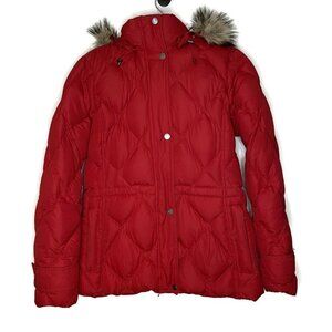 Lands End Womens Down Puffer Coat Size S Red Full Zip Snap Quilted Fur Hood Snow
